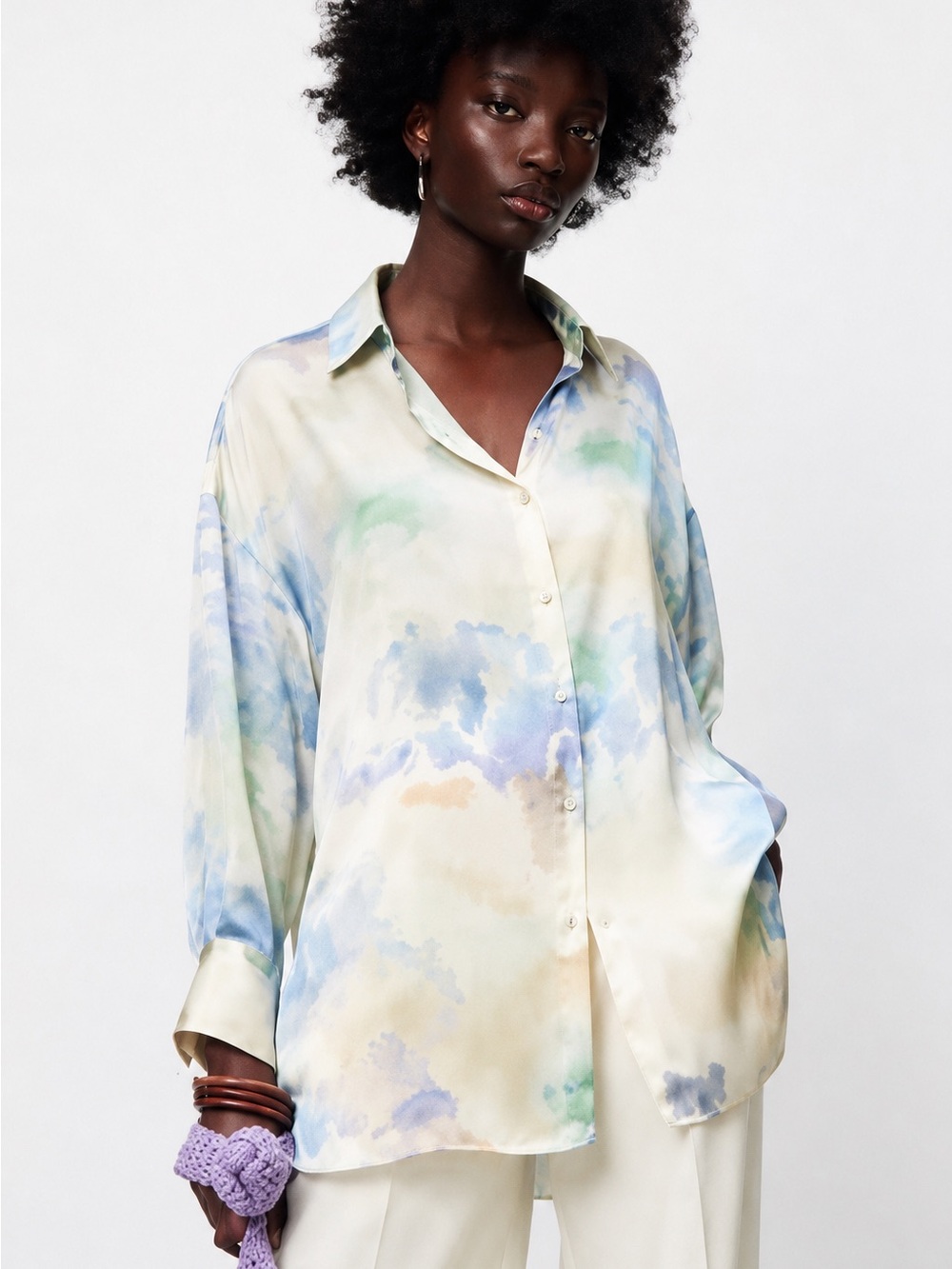 Zara oversized shirt top dress long sleeve tie dye beige blue green button down